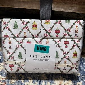 NWT Rae Dunn Christmas Holiday King Size Sheet Set SEASONS GREETINGS